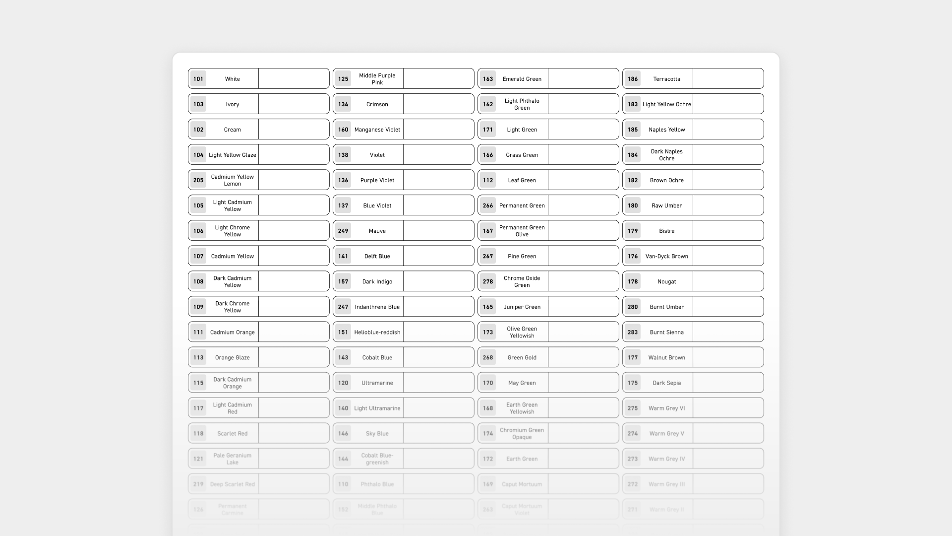 Faber-Castell Polychromos 120 Set, Blank Swatch Chart (Digital Download)